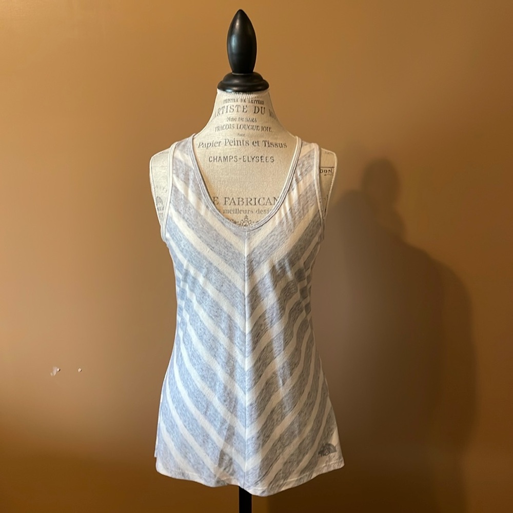 North face, gray, and white striped tank top